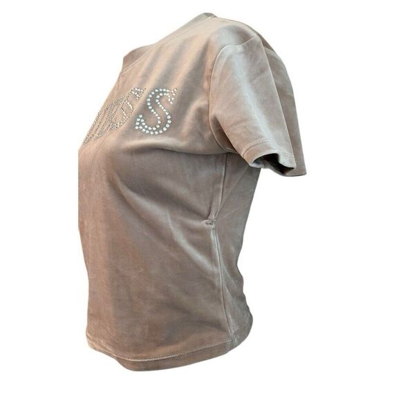 Guess Ladies Small Nude Tan Velvet Rhinestone Logo Crop Top FLAW MSRP $44 - Picture 6 of 7
